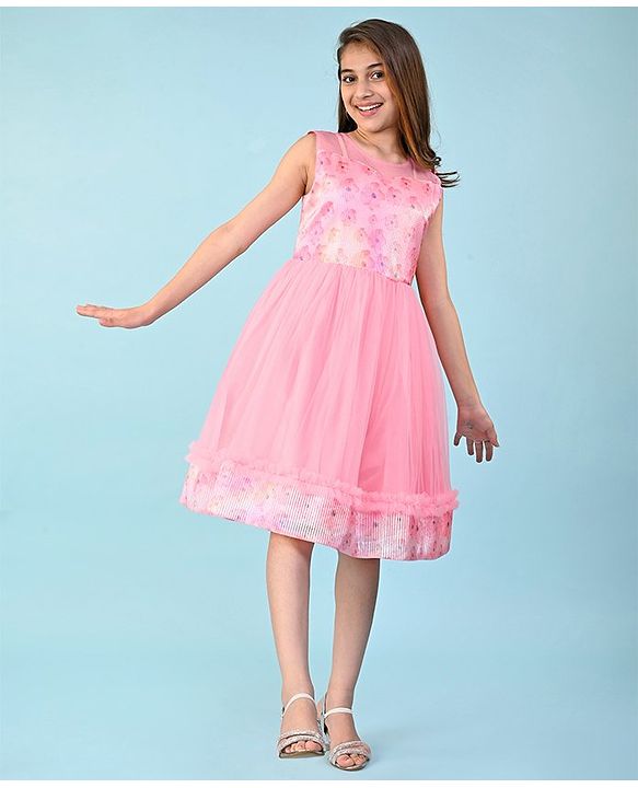 Pine Kids Woven Sleeveless Party Frock with Floral Print & Frill Design - Peach