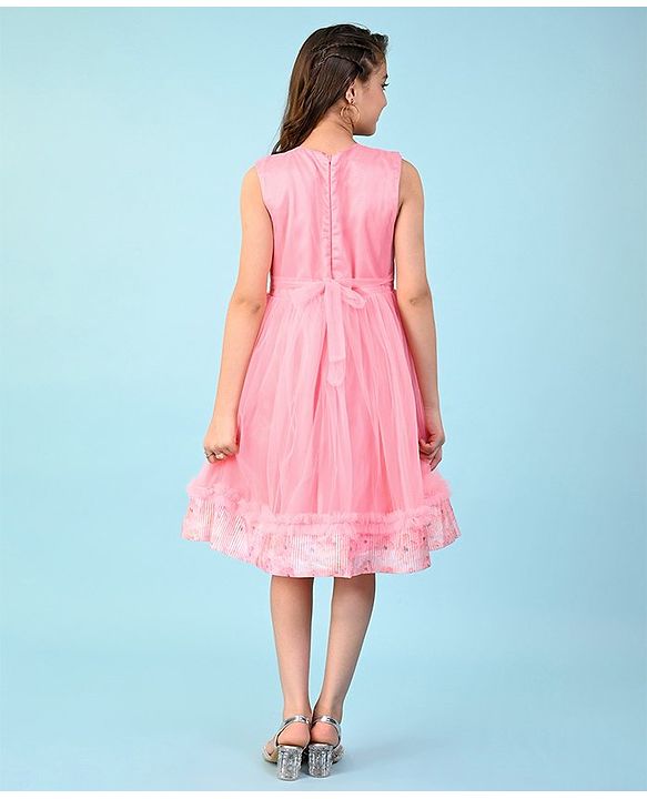 Pine Kids Woven Sleeveless Party Frock with Floral Print & Frill Design - Peach