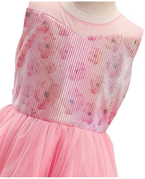 Pine Kids Woven Sleeveless Party Frock with Floral Print & Frill Design - Peach