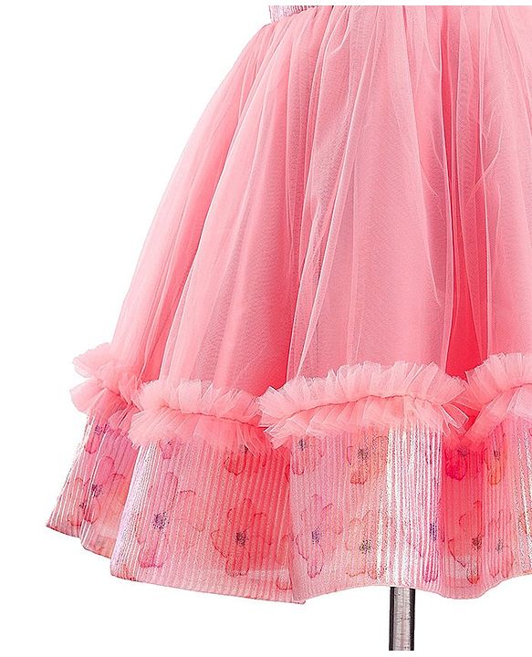 Pine Kids Woven Sleeveless Party Frock with Floral Print & Frill Design - Peach