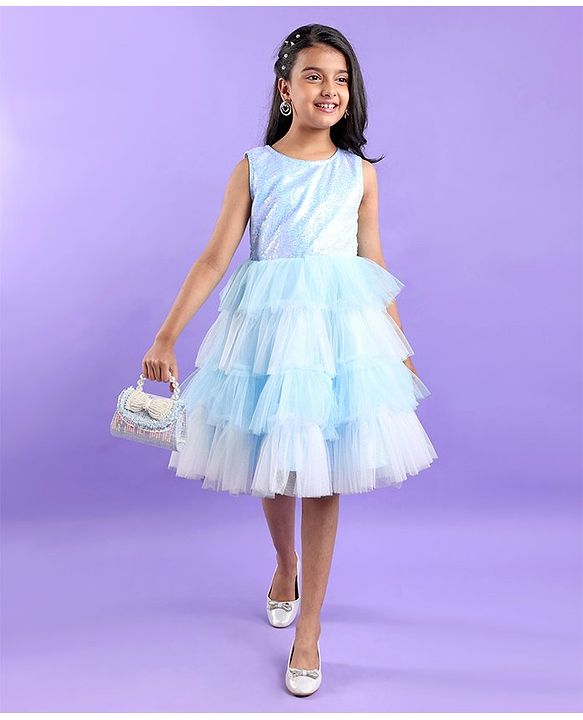 Pine Kids Sleeveless Party Frock with Sequin Detailing - Sky Blue
