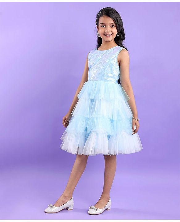 Pine Kids Sleeveless Party Frock with Sequin Detailing - Sky Blue