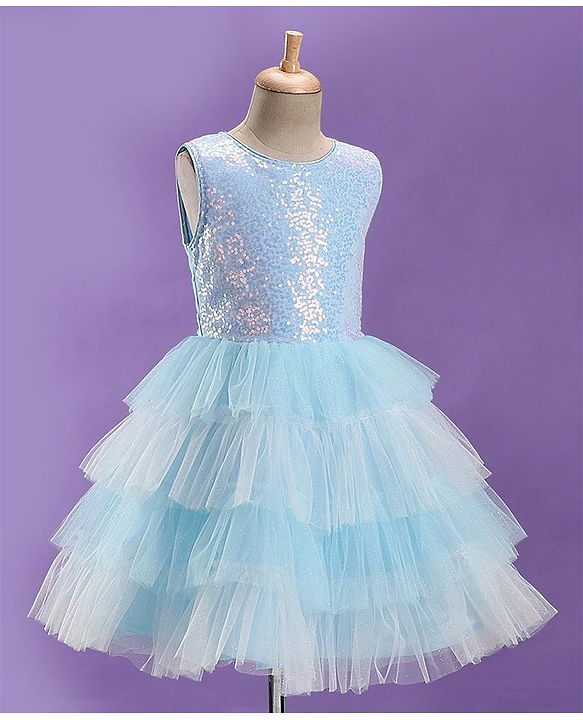 Pine Kids Sleeveless Party Frock with Sequin Detailing - Sky Blue
