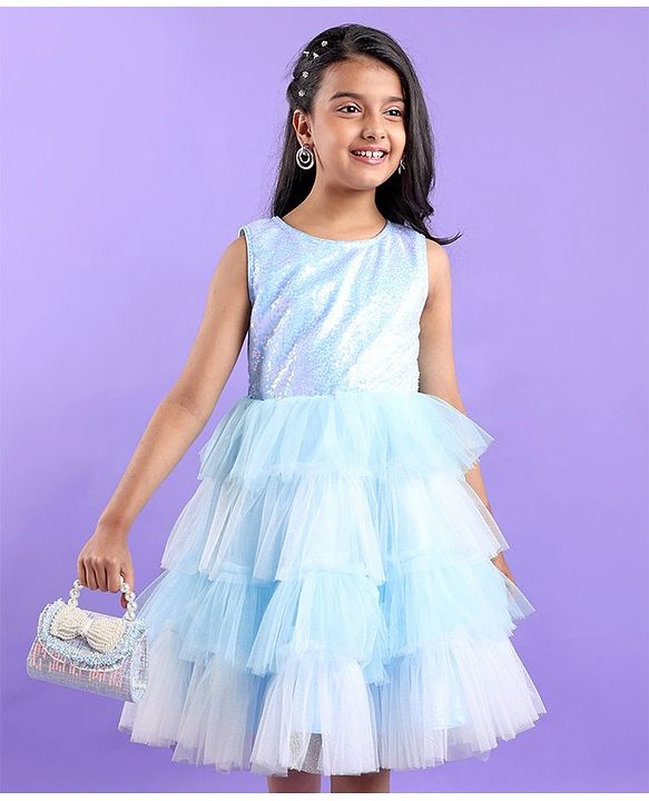 Pine Kids Sleeveless Party Frock with Sequin Detailing - Sky Blue