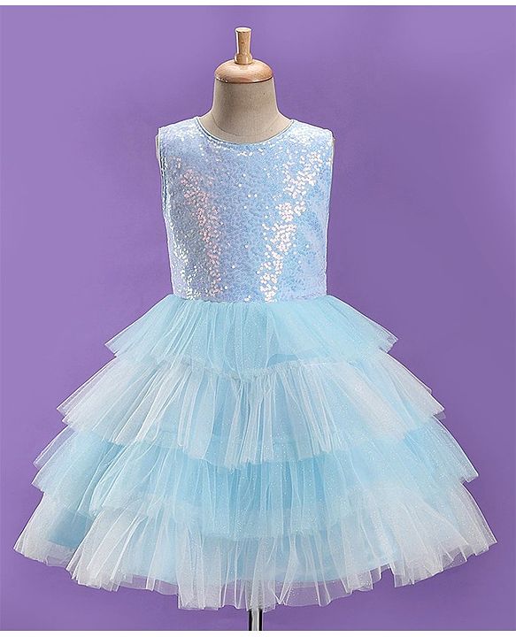 Pine Kids Sleeveless Party Frock with Sequin Detailing - Sky Blue
