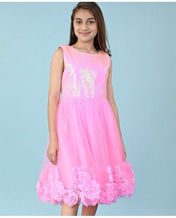 Pine Kids Sleeveless Sequins & 3D Floral Applique Detailing Party Gown - Pink