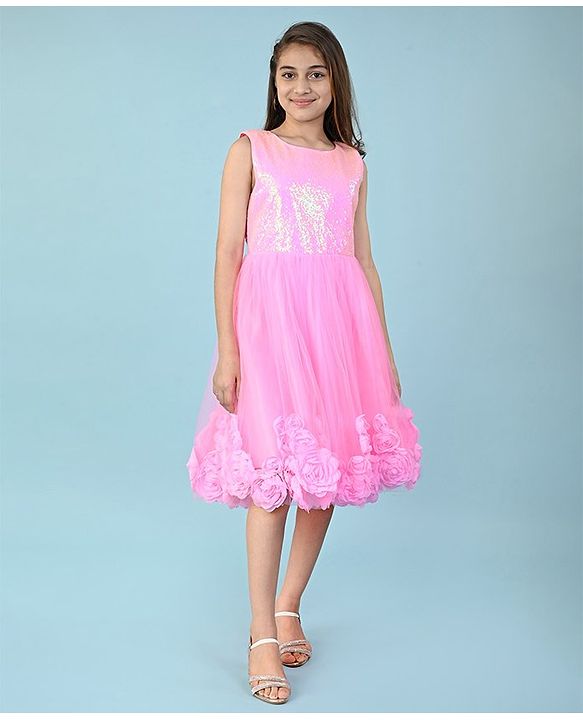 Pine Kids Sleeveless Sequins & 3D Floral Applique Detailing Party Gown - Pink