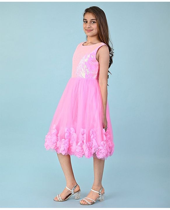 Pine Kids Sleeveless Sequins & 3D Floral Applique Detailing Party Gown - Pink