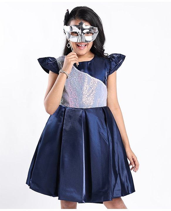 Pine Kids Half Sleeves  Party Frock with Sequin Detailing - Navy Blue