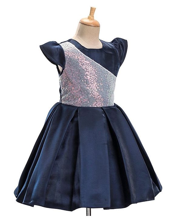 Pine Kids Half Sleeves  Party Frock with Sequin Detailing - Navy Blue