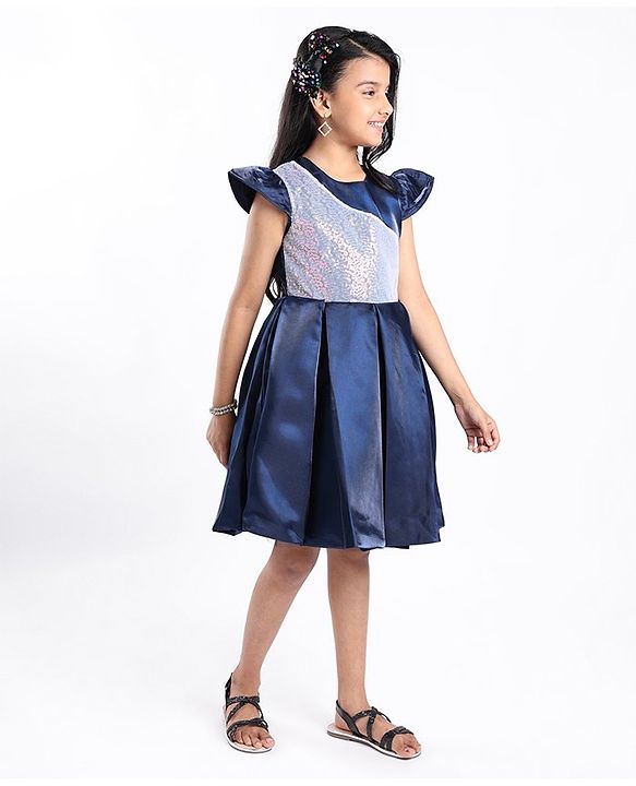 Pine Kids Half Sleeves  Party Frock with Sequin Detailing - Navy Blue