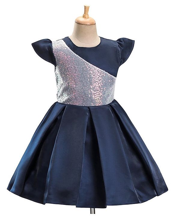 Pine Kids Half Sleeves  Party Frock with Sequin Detailing - Navy Blue