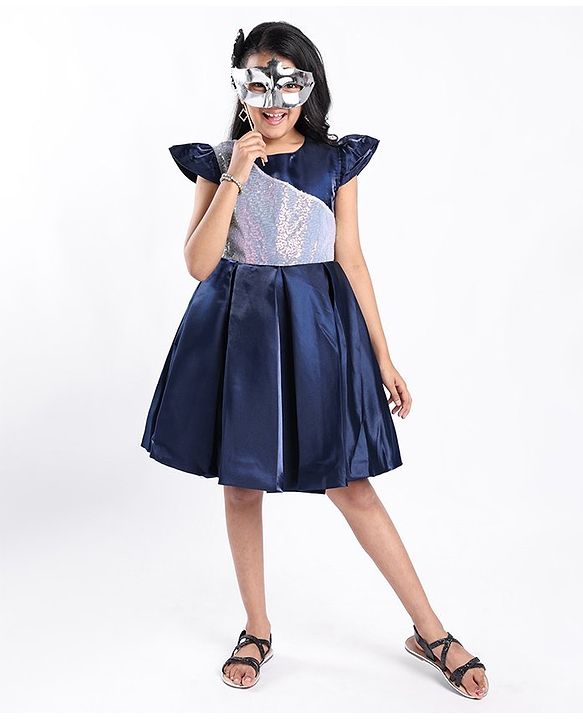 Pine Kids Half Sleeves  Party Frock with Sequin Detailing - Navy Blue