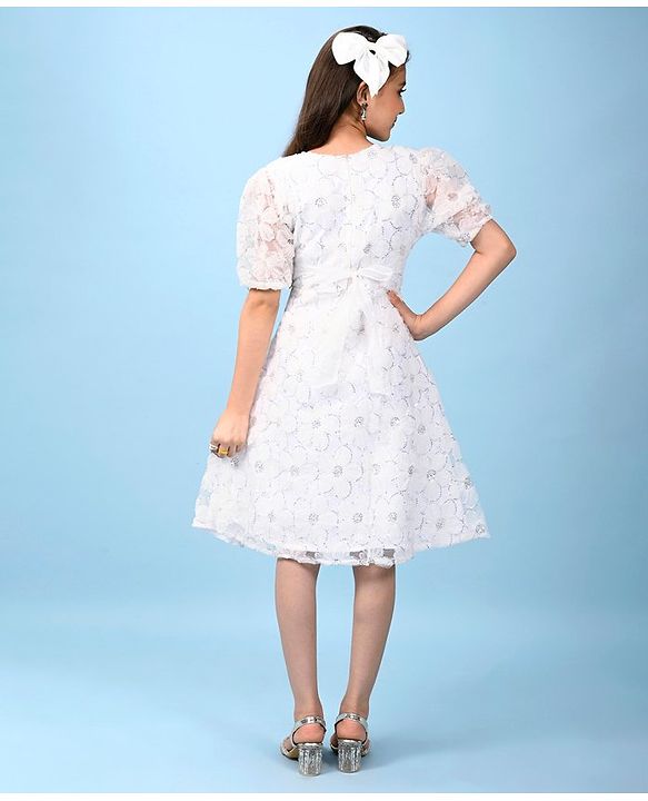 Pine Kids Half Sleeves Party Frock With Sequins Detailing - White