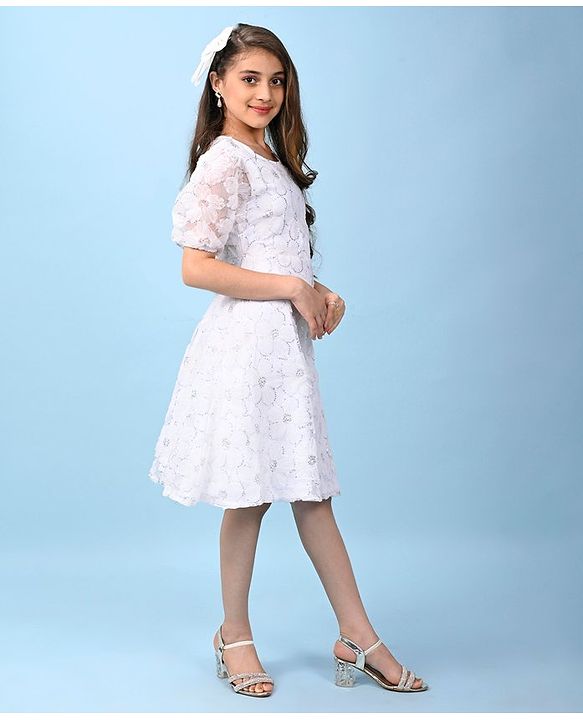 Pine Kids Half Sleeves Party Frock With Sequins Detailing - White