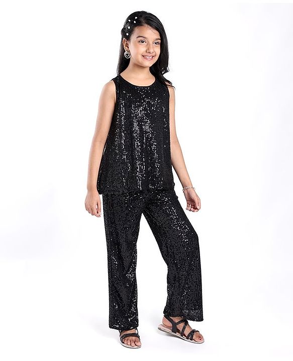 Pine Kids Sleeveless Top & Palazzo Set with Sequins Detailing - Black
