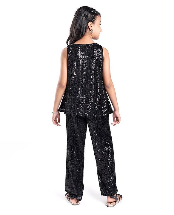 Pine Kids Sleeveless Top & Palazzo Set with Sequins Detailing - Black