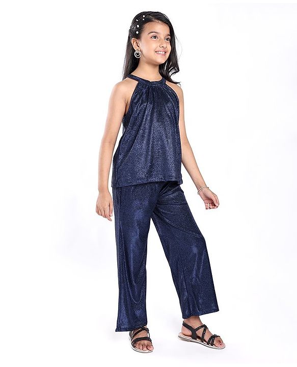 Pine Kids Woven Sleeveless Top & Palazzo Set With Shimmer - Navy Blue