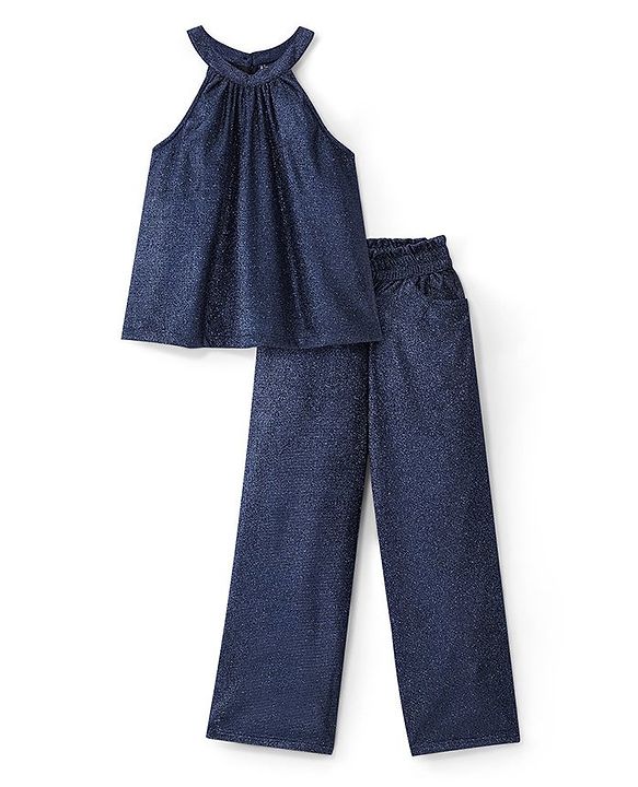 Pine Kids Woven Sleeveless Top & Palazzo Set With Shimmer - Navy Blue