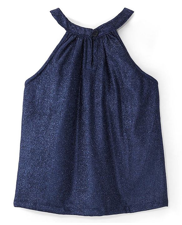 Pine Kids Woven Sleeveless Top & Palazzo Set With Shimmer - Navy Blue