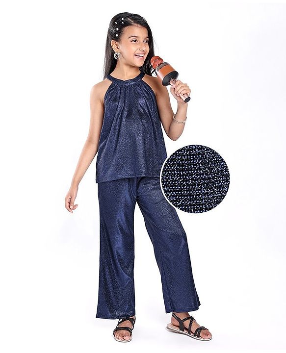 Pine Kids Woven Sleeveless Top & Palazzo Set With Shimmer - Navy Blue