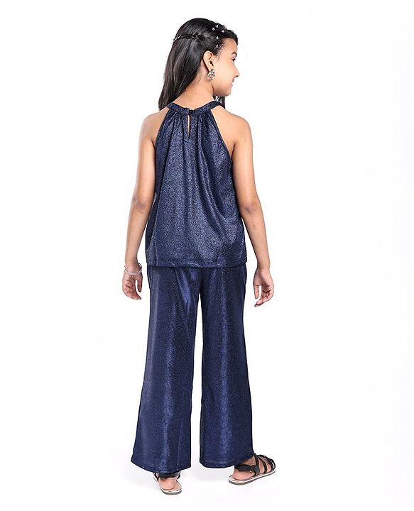 Pine Kids Woven Sleeveless Top & Palazzo Set With Shimmer - Navy Blue
