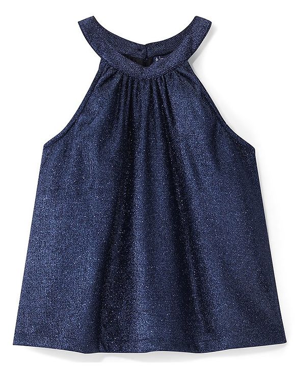 Pine Kids Woven Sleeveless Top & Palazzo Set With Shimmer - Navy Blue