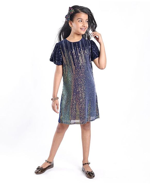 Pine Kids Half Sleeves Party Dress with Sequin Detailing - Navy Blue