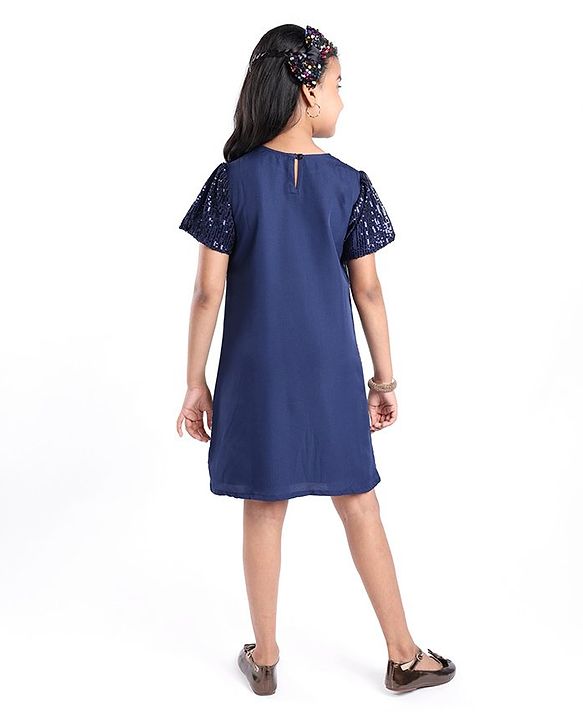 Pine Kids Half Sleeves Party Dress with Sequin Detailing - Navy Blue