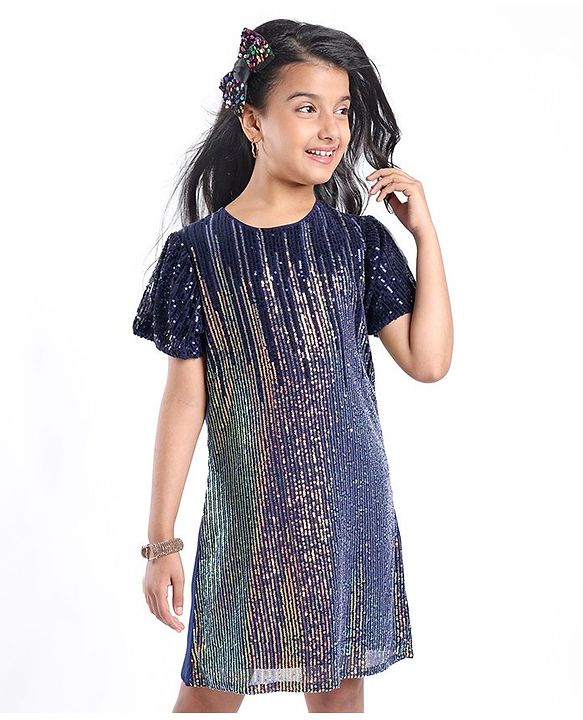 Pine Kids Half Sleeves Party Dress with Sequin Detailing - Navy Blue