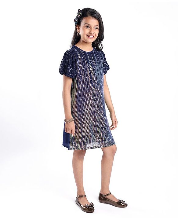 Pine Kids Half Sleeves Party Dress with Sequin Detailing - Navy Blue