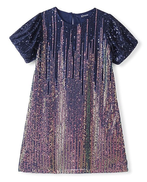 Pine Kids Half Sleeves Party Dress with Sequin Detailing - Navy Blue