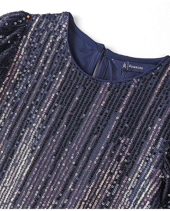 Pine Kids Half Sleeves Party Dress with Sequin Detailing - Navy Blue