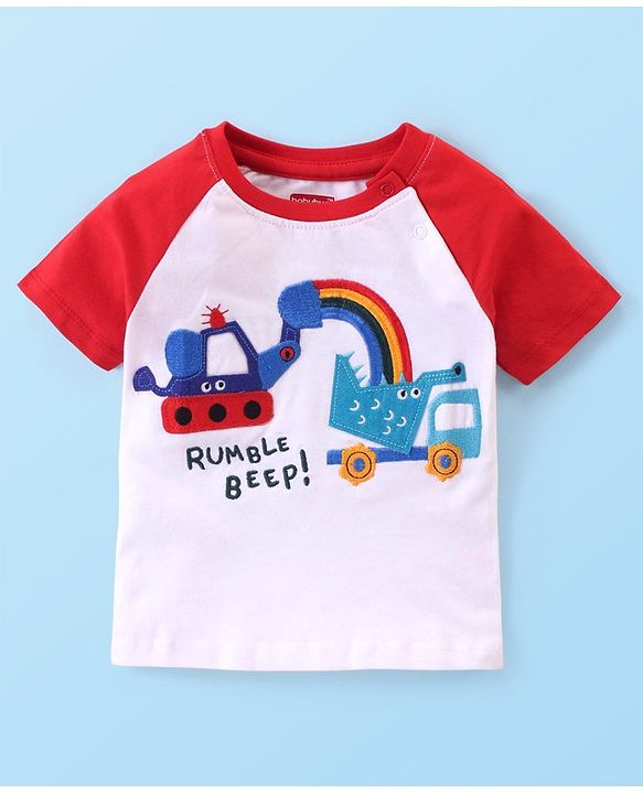 Babyhug 100% Cotton Knit Single Jersey Raglan Sleeves T-Shirt & Shorts With Construction Vehicles Embroidery - Red & White