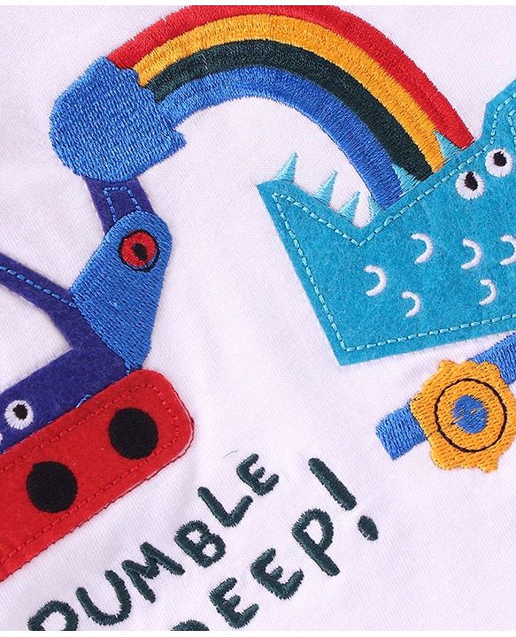 Babyhug 100% Cotton Knit Single Jersey Raglan Sleeves T-Shirt & Shorts With Construction Vehicles Embroidery - Red & White