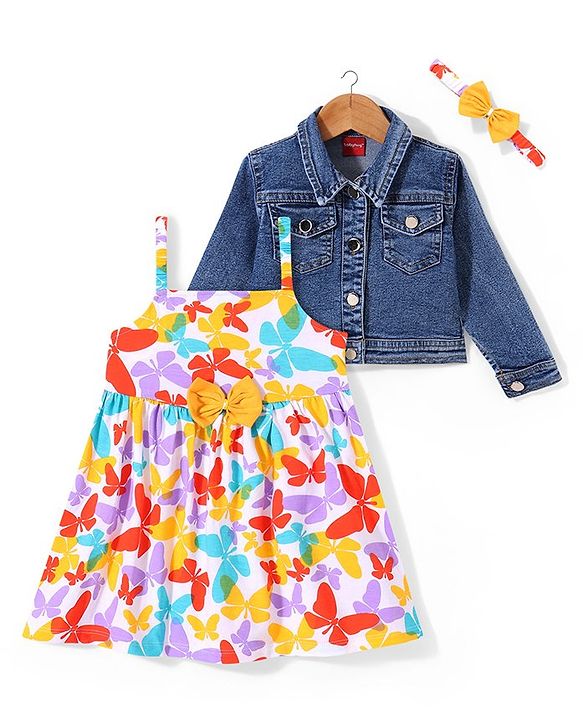Babyhug Single Jersey Knit Full Sleeves Jacket With  Butterfly Print Frock & Headband- White