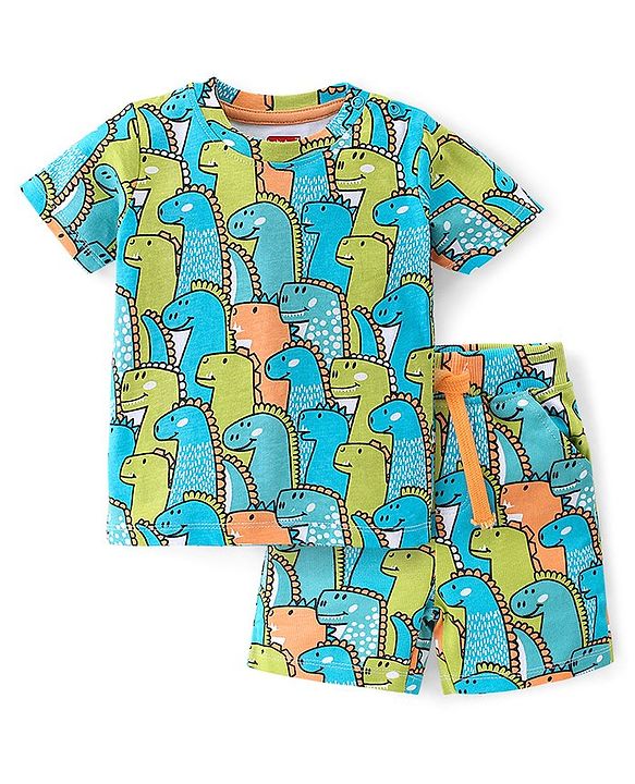 Babyhug 100% Cotton Knit Half Sleeves T-Shirt & Shorts Set Dino Print - Multicolor