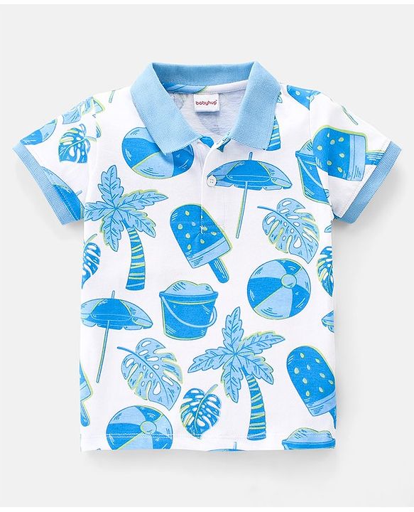 Babyhug Cotton Knit Half Sleeves Polo T-Shirt Beach Theme Blue AOP Print - White