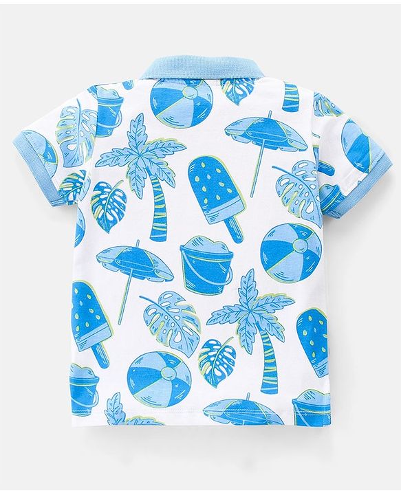 Babyhug Cotton Knit Half Sleeves Polo T-Shirt Beach Theme Blue AOP Print - White