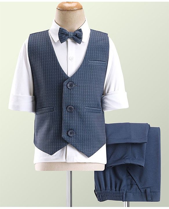 Babyhug Party Wear Full Sleeves Textured Stretch 3 Pieces Party Suit - White & Blue