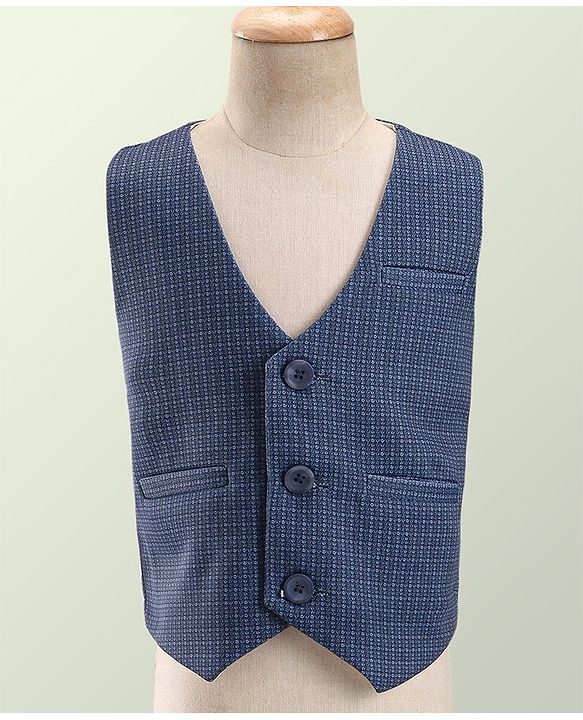 Babyhug Party Wear Full Sleeves Textured Stretch 3 Pieces Party Suit - White & Blue