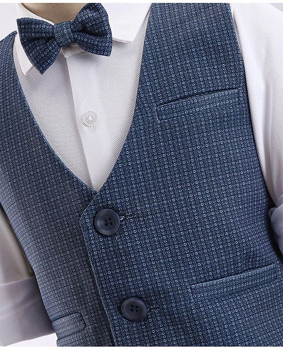 Babyhug Party Wear Full Sleeves Textured Stretch 3 Pieces Party Suit - White & Blue