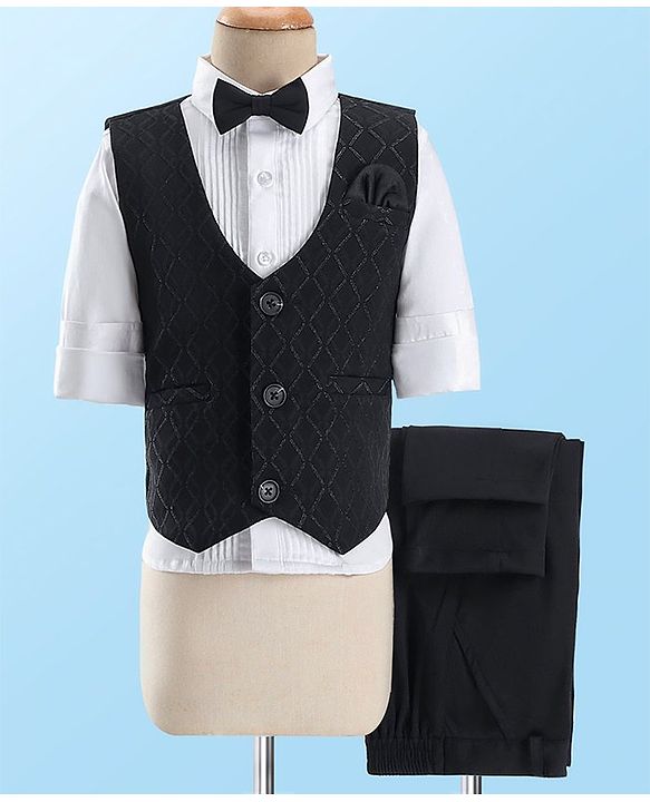 Babyhug Full Sleeves Textured  Waist Coat Set with Bow Solid Colour  - Black & White