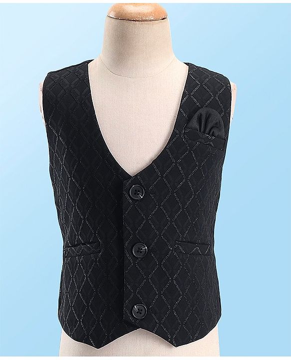 Babyhug Full Sleeves Textured  Waist Coat Set with Bow Solid Colour  - Black & White