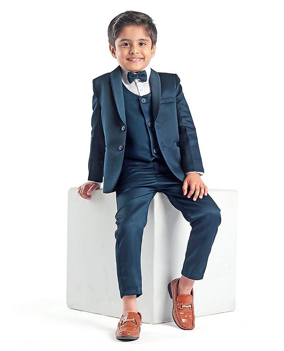 Babyhug Full Sleeves Solid Color 5 Pieces Party Suit With Waistcoat & Bow -Teal Blue