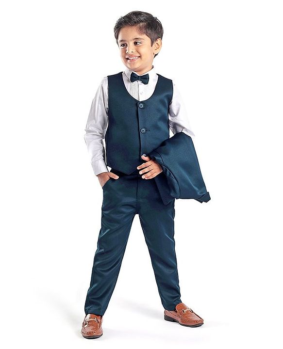 Babyhug Full Sleeves Solid Color 5 Pieces Party Suit With Waistcoat & Bow -Teal Blue
