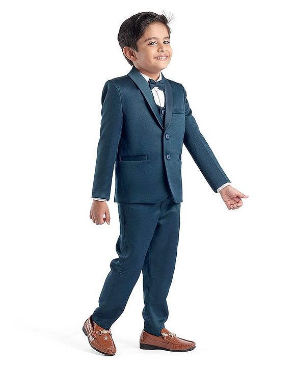 Babyhug Full Sleeves Solid Color 5 Pieces Party Suit With Waistcoat & Bow -Teal Blue