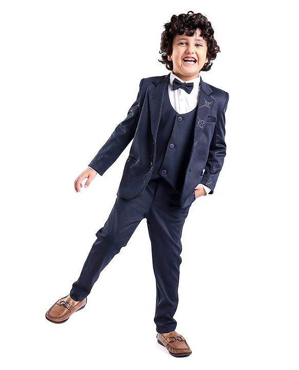 Babyhug Full Sleeves Party Suit with Waistcoat & Bow - Navy Blue