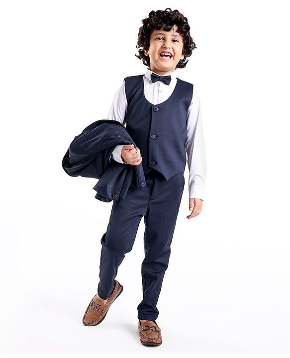 Babyhug Full Sleeves Party Suit with Waistcoat & Bow - Navy Blue