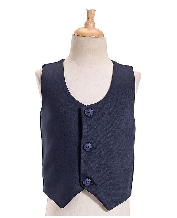 Babyhug Full Sleeves Party Suit with Waistcoat & Bow - Navy Blue
